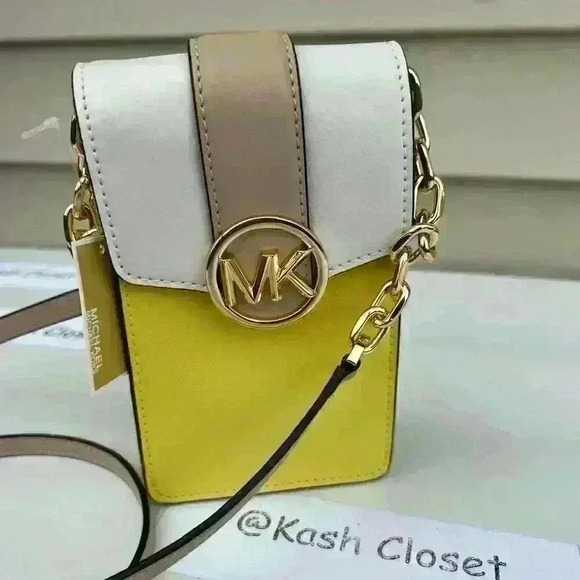 Michael Kors Carmen Crossbody Bag Small Phone Color Block Leather Sunshine Multi - Picture 1 of 9